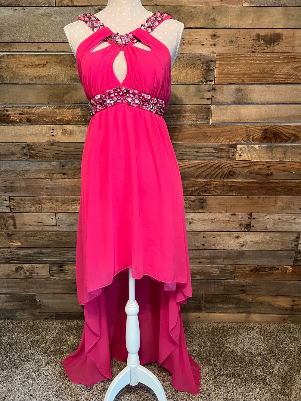 Jodi Kristopher Hot Pink Beaded High-Low Prom Dress